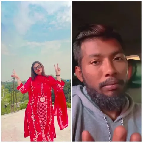 Woman in Red Outdoors, Man Indoors