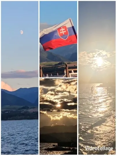 Lake Sunset with Mountains and Flag