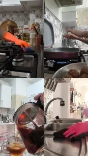 Cooking in Modern Kitchen with Helpers