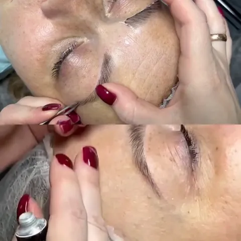 Eyebrow Grooming With Red Nails