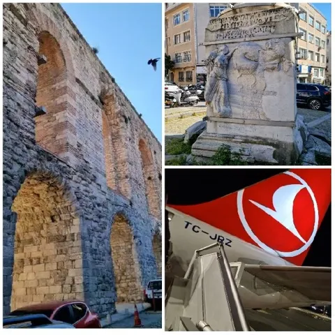 Ancient Aqueduct Surrounded by Urban Life