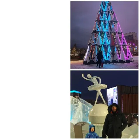 Illuminated Tree and Snowy Sculpture