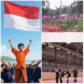 Boy in Traditional Attire by Large Flag