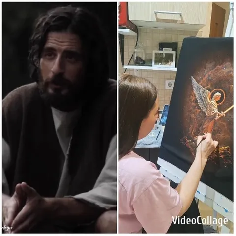 Bearded Man Observes Angel Painting