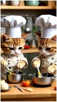Two Chef Cats in Playful Kitchen