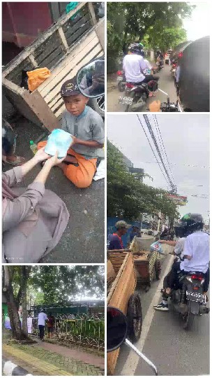 Handing Food to Child in Urban Setting