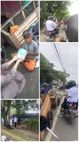 Handing Food to Child in Urban Setting