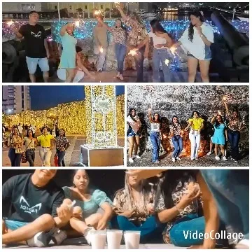 Group Celebration with Festive Lights