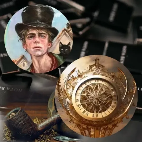 Tall Hat and Ornate Clock Illustration