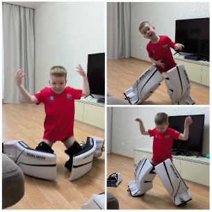 Child Playing with Hockey Pads