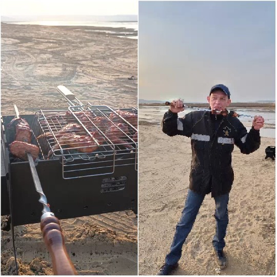 Grill with Meat and Man on Beach
