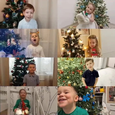 Children Posing by Christmas Trees