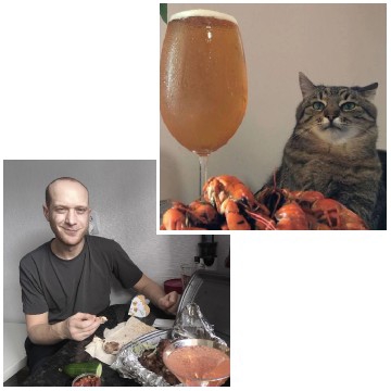Cat, Beer, and Seafood Dinner