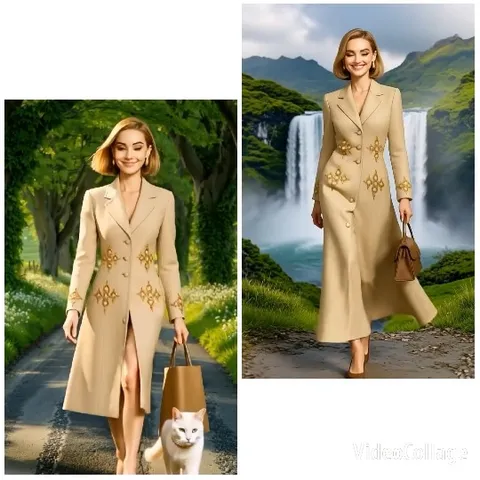 Woman with Cat and Scenic Waterfall