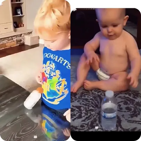 Child and Baby with Water Bottles