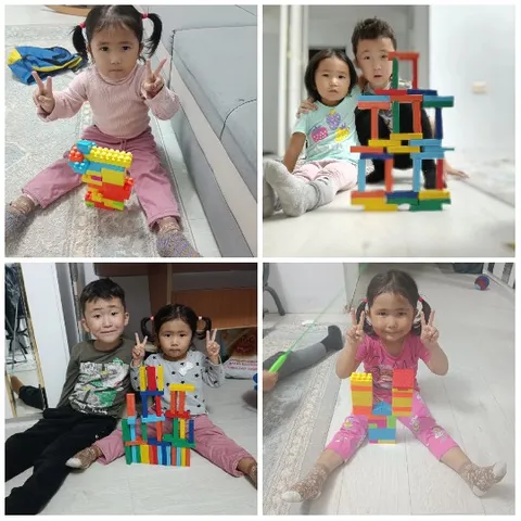 Children Building with Colorful Blocks