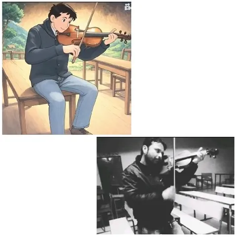 Animated and Real Violin Players