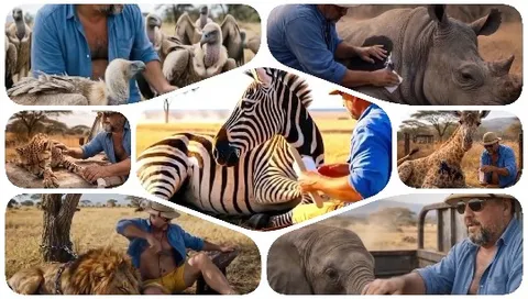 Man Interacts with Safari Animals