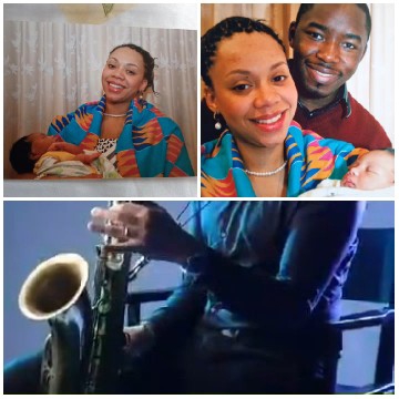 Smiling Woman with Baby and Saxophonist