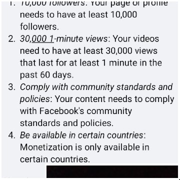 Facebook Monetization Requirements List