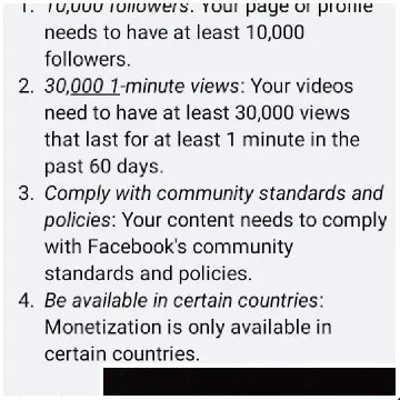Facebook Monetization Requirements List