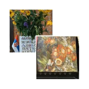 Serbian Flag and Potted Flowers
