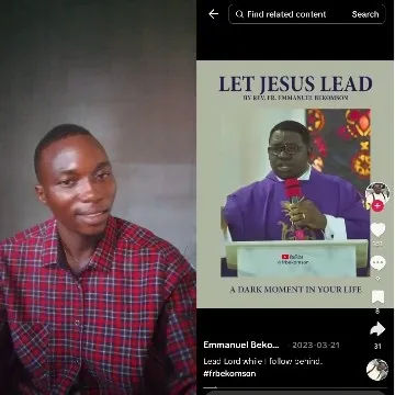 Smiling Person and Religious Poster