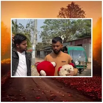 Two Men with Teddy Bears Outdoors