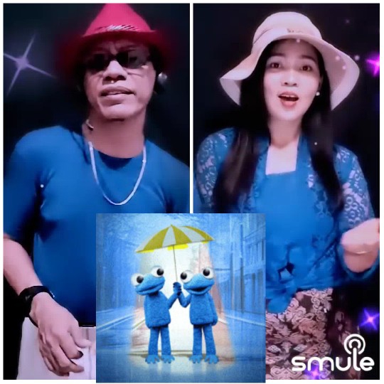 Two People in Blue with Cartoon
