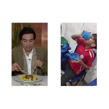 Man Cutting Food and Child Drinking
