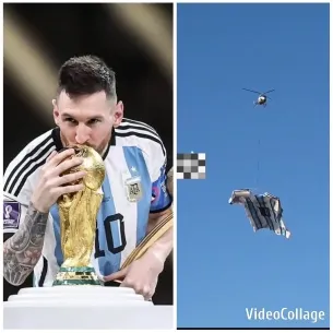 Person Kissing Trophy with Helicopter