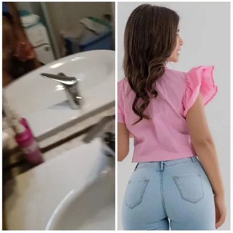 Bathroom and Person in Pink Top