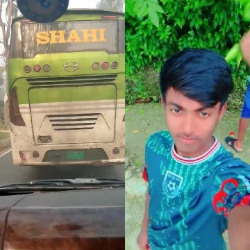 Green and White Bus with Selfie