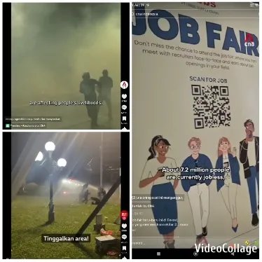 People in Smoky Area with Job Fair Poster