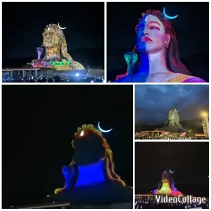 Illuminated Statue with Crowds