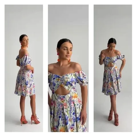 Woman in Floral Dress in Three Poses