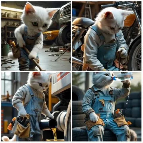 White Cat Working In Garage