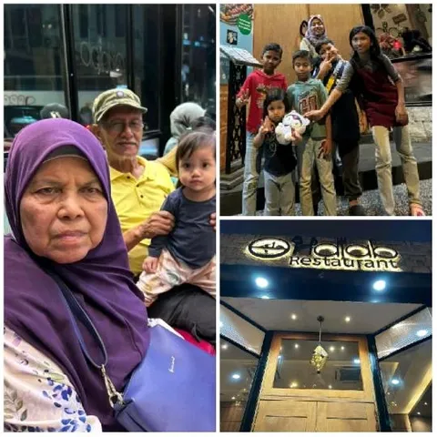 Family Gathering with Restaurant Sign