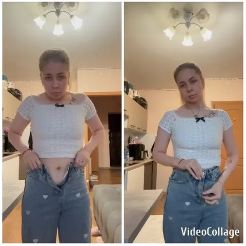 Person Adjusting Jeans in Kitchen