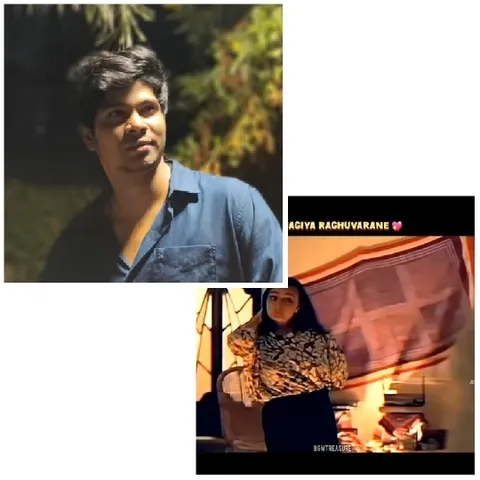 Man Outdoors at Night and Woman Indoors
