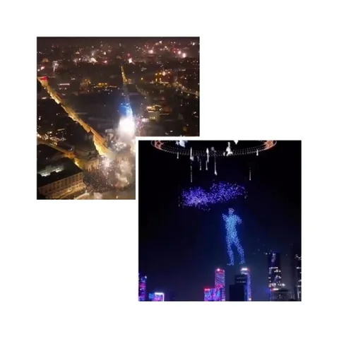 Cityscape with Fireworks and Drone Show