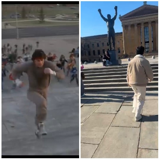 Running Up Steps Towards Statue