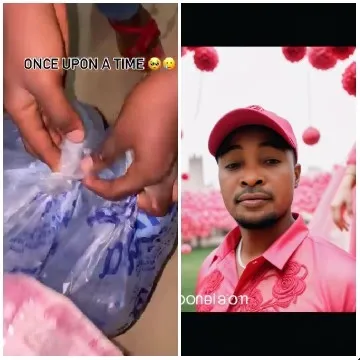Opening Blue Bag, Red Background