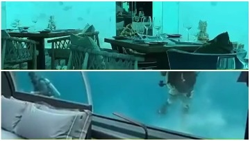 Underwater Restaurant with Divers Outside