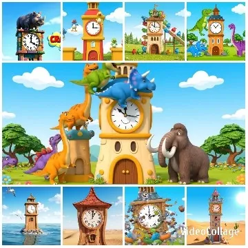 Whimsical Dinosaurs Around Clock Tower