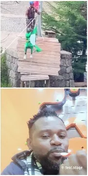 Child Zip-Lining Over Wooden Bridge