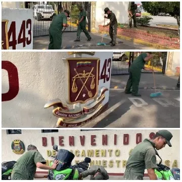 Uniformed Workers and Crest Close-Up