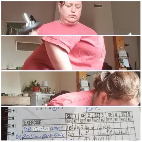 Exercising with Dumbbells and Notebook