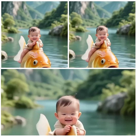 Baby on Toy Fish in Nature