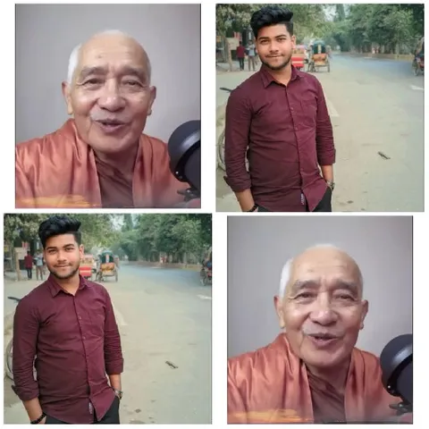 Older Man Speaking, Young Man Posing
